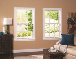 Double-hung, triple-pane windows in the living area of a home.